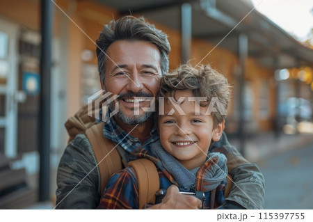 Happy Father and Son Outside School Building 115397755
