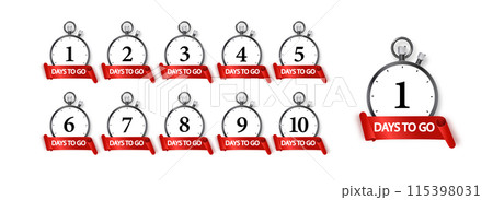 1 days to go icon set. Countdown of days remaining. Offer timer sticker limited to a few days. Vector 1 days to go icon set. Countdown of days remaining. Offer timer sticker limited to a few days. Vector 115398031