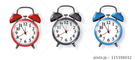 Black alarm clock on white background. Morning, reminder. Vector metal vintage ringing alarm clock on bright white background. Vector Black alarm clock on white background. Morning, reminder. Vector metal vintage ringing alarm clock on bright white background. Vector 115398032