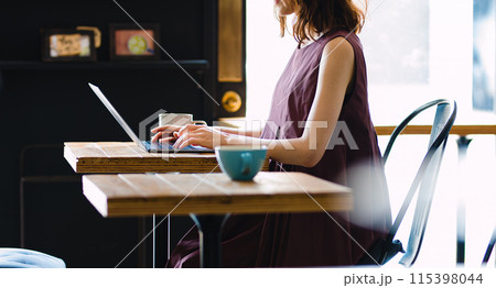 カフェで仕事をするフリーランサーの女性 カフェで仕事をするフリーランサーの女性 115398044