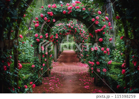 Rose Covered Archway Leading Through A Lush Forest Path 115398259
