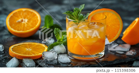 Refreshing Orange Cocktail With Mint Garnish and Ice Cubes on Black Surface 115398306