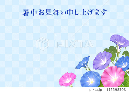 暑中見舞い　朝顔と市松模様 115398308