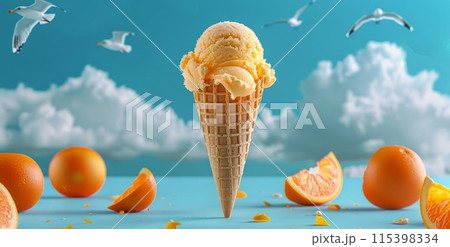 Orange Sorbet Ice Cream Cone In White Clouds With Flying Seagulls 115398334