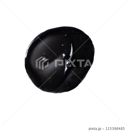 Black charcoal face mask swatch isolated on white background. Abstract black charcoal gel smear for design. Black charcoal face mask swatch isolated on white background. Abstract black charcoal gel smear for design. 115398485