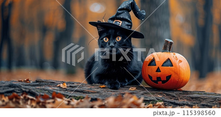 Black Cat Wearing Witch Hat Posing With Pumpkin in Autumn Forest Black Cat Wearing Witch Hat Posing With Pumpkin in Autumn Forest 115398560