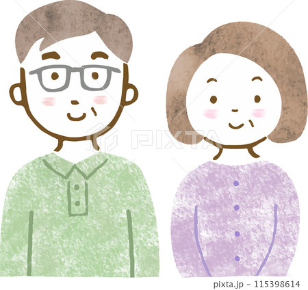 笑顔のシニア男女カップルの手描き上半身イラスト 115398614