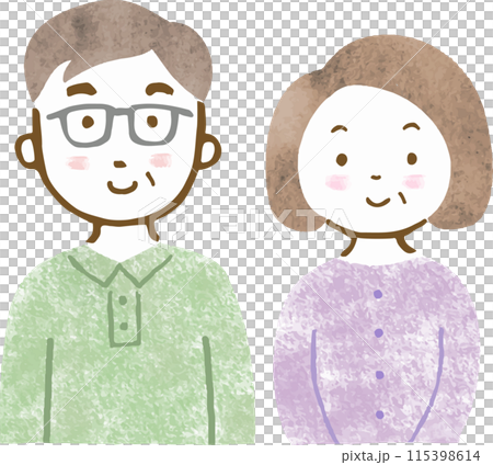 笑顔のシニア男女カップルの手描き上半身イラスト 115398614