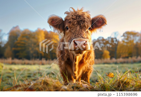 Young Highland Cow Calf Portrait In Autumn Field 115398696