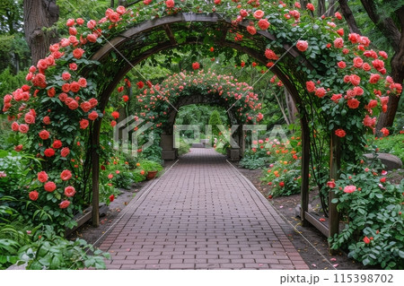 Rose Covered Archway Leading Through A Lush Forest Path 115398702
