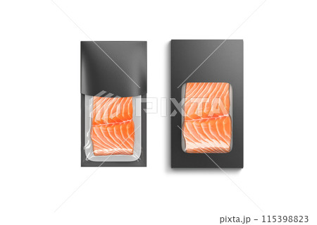 Blank black box and transparent label pack with salmon mockup 115398823