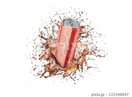 Blank red aluminum 500 ml soda can with drops splash mockup 115398847