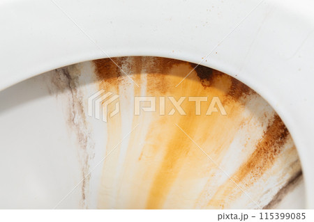 Close Up of White Toilet With Brown Stripe Close Up of White Toilet With Brown Stripe 115399085