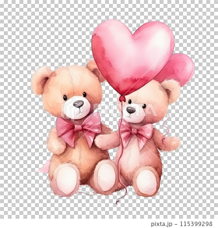 Two Teddy Bears Holding Heart Balloon 115399298