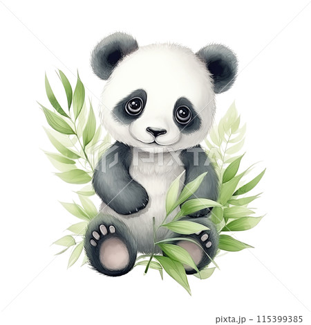 Panda Bear Sitting on Lush Green Plant 115399385