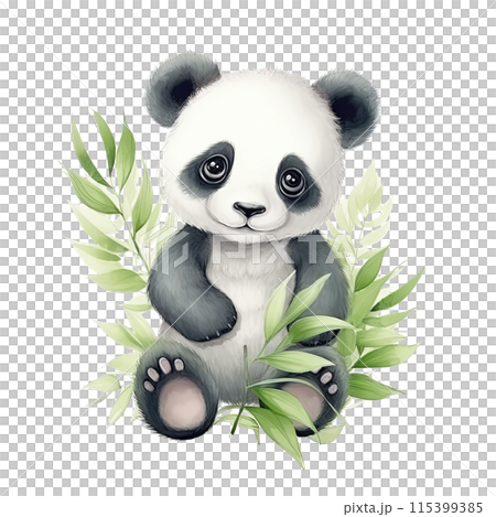 Panda Bear Sitting on Lush Green Plant 115399385