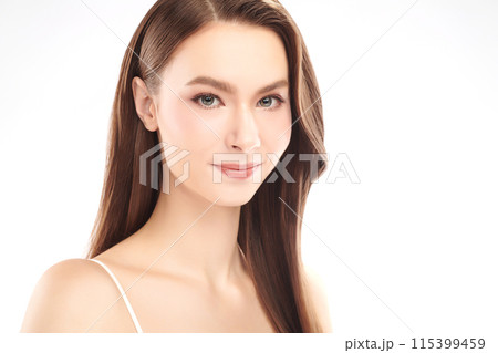 Beautiful young woman with clean fresh skin on white background, Face care, Facial treatment, Cosmetology, beauty and spa, women portrait. 115399459