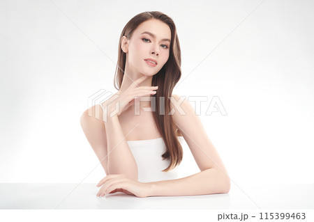 Beautiful young woman with clean fresh skin on white background, Face care, Facial treatment, Cosmetology, beauty and spa, women portrait. 115399463