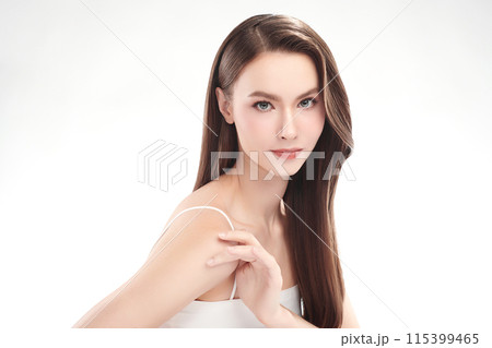 Beautiful young woman with clean fresh skin on white background, Face care, Facial treatment, Cosmetology, beauty and spa, women portrait. Beautiful young woman with clean fresh skin on white background, Face care, Facial treatment, Cosmetology, beauty and spa, women portrait. 115399465