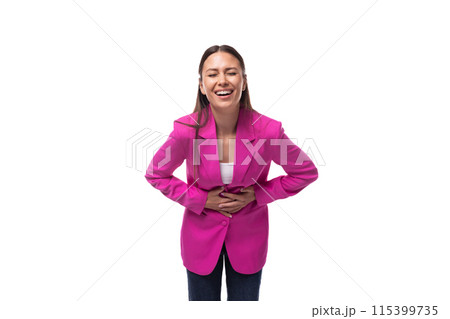 a young well-groomed slender woman with black straight hair is dressed in a crimson jacket buttoned a young well-groomed slender woman with black straight hair is dressed in a crimson jacket buttoned 115399735