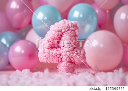 Pink, girlish and fluffy number four with blurred balloons on the background. Playful symbol 4. Invitation for fourth birthday celebration. Children, kids party. Greeting card design. Generative AI. 115399833