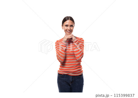 young charming european woman with black hair is wearing an orange turtleneck young charming european woman with black hair is wearing an orange turtleneck 115399837
