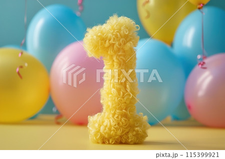 Vibrant, yellow and fluffy number one with blurred balloons on the background. Playful symbol 1. Invitation for first birthday celebration. Children, kids party. Greeting card design. Generative AI. 115399921