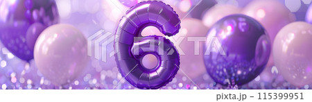 Vibrant, purple and glossy number six with blurred balloons on the background. Playful symbol 6. Invitation for sixth birthday celebration. Children, kids party. Greeting card. Banner. Generative AI. 115399951
