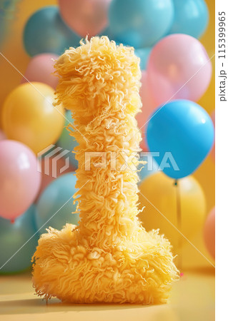Captivating image featuring fluffy number 1 in bright yellow, set against a backdrop of colorful balloons in pink, blue and yellow, perfect for joyful celebrations, festive decorations. Generative AI. Captivating image featuring fluffy number 1 in bright yellow, set against a backdrop of colorful balloons in pink, blue and yellow, perfect for joyful celebrations, festive decorations. Generative AI. 115399965