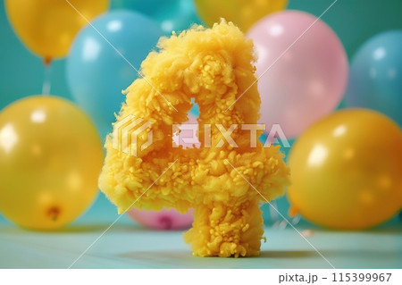 Vibrant, yellow and fluffy number four with blurred balloons on the background. Playful symbol 4. Invitation for fourth birthday celebration. Children, kids party. Greeting card design. Generative AI. Vibrant, yellow and fluffy number four with blurred balloons on the background. Playful symbol 4. Invitation for fourth birthday celebration. Children, kids party. Greeting card design. Generative AI. 115399967