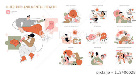 Nutrition and Mental Health set. Influences of dietary habits on psychological well-being. Omega-3, vitamin D benefits, stress reduction. Vector illustration. 115400029