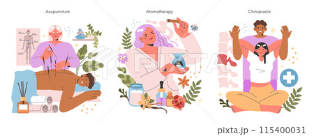 Alternative Medicine set. Illustration of acupuncture, aromatherapy, and chiropractic practices. Techniques for wellness and holistic health. Vector illustration. Alternative Medicine set. Illustration of acupuncture, aromatherapy, and chiropractic practices. Techniques for wellness and holistic health. Vector illustration. 115400031
