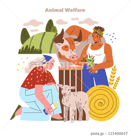 Animal Welfare concept. Two people caring for farm animals against a rural backdrop, promoting compassionate livestock treatment. Vector illustration. 115400037