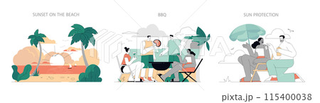 Summer Activities set. A trio of illustrations depicting leisure scenes: a beach sunset, a friendly BBQ, and sun protection. Relaxed vacation and social gathering moments. Vector illustration. 115400038