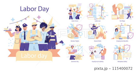 Labor Day concept set. Celebration of different professions and workers' rights. Labor union, fair wage, and workplace safety. Vector illustration. 115400072