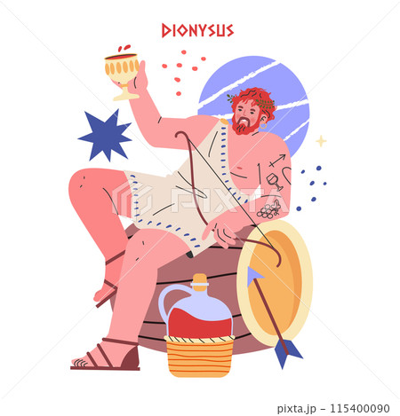 Ancient Greek Gods concept. Dionysus, the deity of wine and festivity, enthrones with chalice and thyrsus. Elements of mythology and celebration atmosphere. Vector illustration. Ancient Greek Gods concept. Dionysus, the deity of wine and festivity, enthrones with chalice and thyrsus. Elements of mythology and celebration atmosphere. Vector illustration. 115400090
