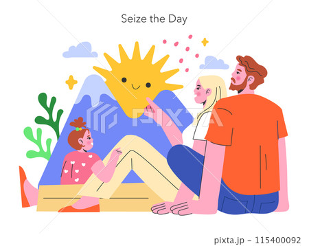 YOLO concept. Joyful family embracing the present moment with a whimsical smiling sun. Celebrating life, playful child, loving couple, mountain background. Vector illustration. 115400092