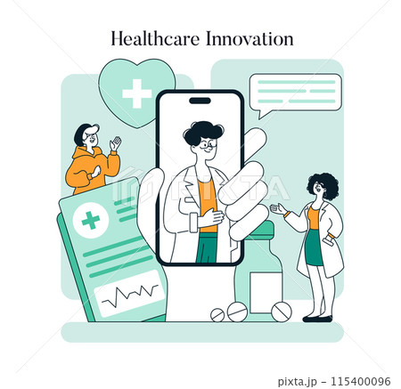 Healthcare Innovation concept. Digital medical consultation and modern treatment methods. Online healthcare services integration. Vector illustration. 115400096