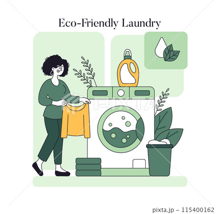 Eco-Friendly Laundry concept. Illustration portraying sustainable washing practices with natural detergents. Woman doing laundry mindfully. Vector illustration. 115400162