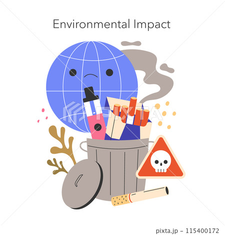 No Tobacco Day concept. Illustration of Earth impacted by cigarette waste, showcasing pollution and health warnings. Vector illustration. No Tobacco Day concept. Illustration of Earth impacted by cigarette waste, showcasing pollution and health warnings. Vector illustration. 115400172