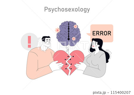 Psychosexology concept. Illustration of a couple with a broken heart and brain symbolizing psychological relationship issues. Vector illustration. 115400207