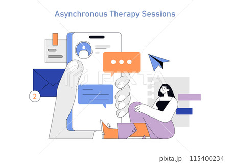 Telepsychology concept. A representation of online therapy sessions with messages, emails, and a relaxed figure. Remote psychological support tools. Vector illustration. 115400234