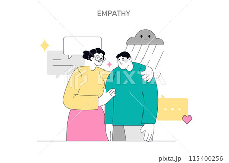 Soft Skills concept. Compassionate woman consoles a sad friend under a rain cloud, showcasing empathy. Vector illustration. Soft Skills concept. Compassionate woman consoles a sad friend under a rain cloud, showcasing empathy. Vector illustration. 115400256