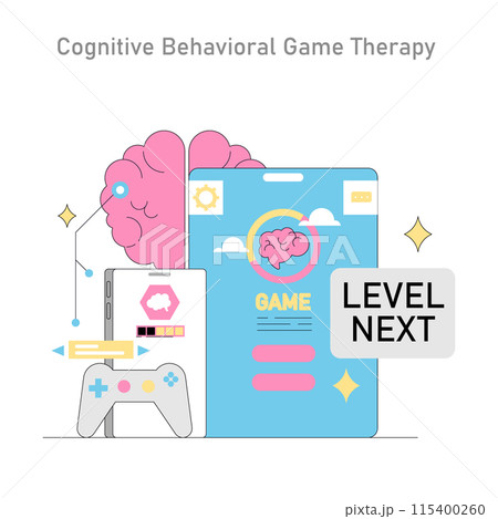 Gamification in psychotherapy illustration. Engaging mental health treatment through interactive gaming elements and cognitive techniques. Vector illustration. 115400260