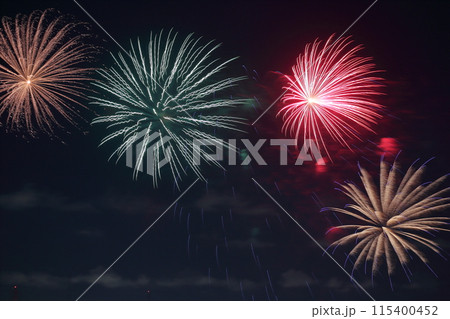 夏の風物詩、花火の輝きと華麗さ 夏の風物詩、花火の輝きと華麗さ 115400452