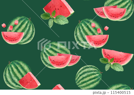 Watermelon whole, juicy slice with a few seeds, mint. Watercolor seamless pattern on green background, hand drawn for food design. Packages, textile, wrapping paper, kitchen decor, ice cream label Watermelon whole, juicy slice with a few seeds, mint. Watercolor seamless pattern on green background, hand drawn for food design. Packages, textile, wrapping paper, kitchen decor, ice cream label 115400515