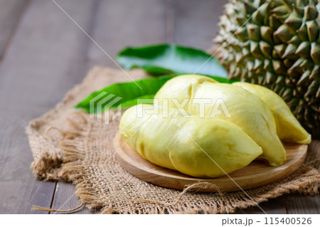 lava Durian Sisaket on wood plate, king of fruits 115400526