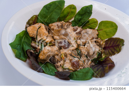 Stewed meat with vegetables and mushrooms 115400664