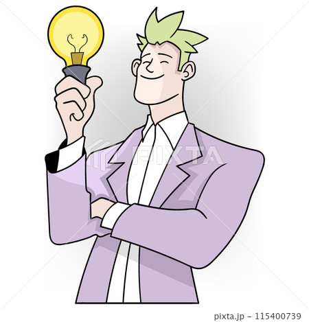 businessman holding a bulb lamp as a sign of finding the best business strategy 115400739