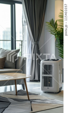 portable air conditioner or mobile air cooler in modern living room 115401037
